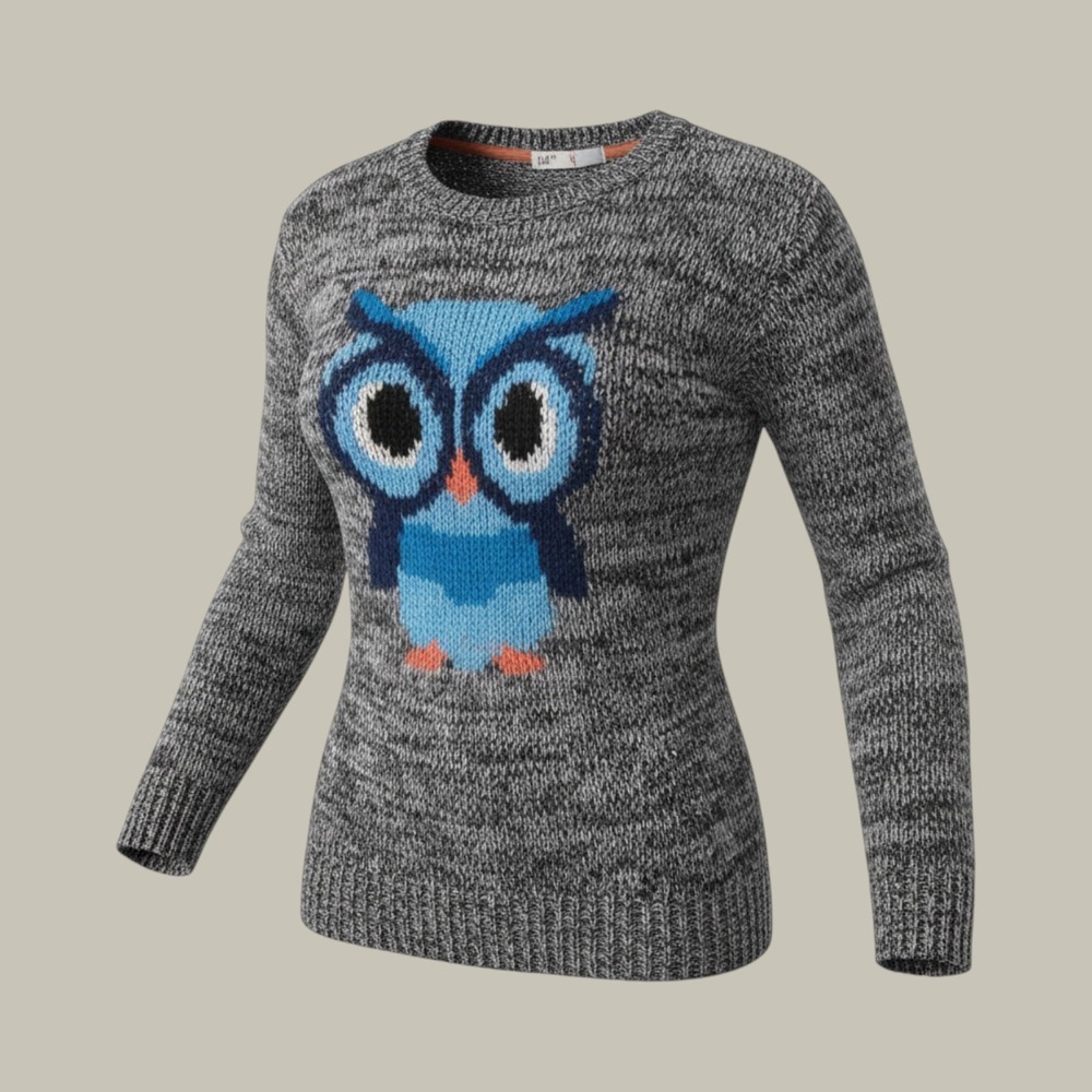 Jolt Womens Gray Marled Owl Graphic Crew Neck Sweater Size XS JES409YJQ